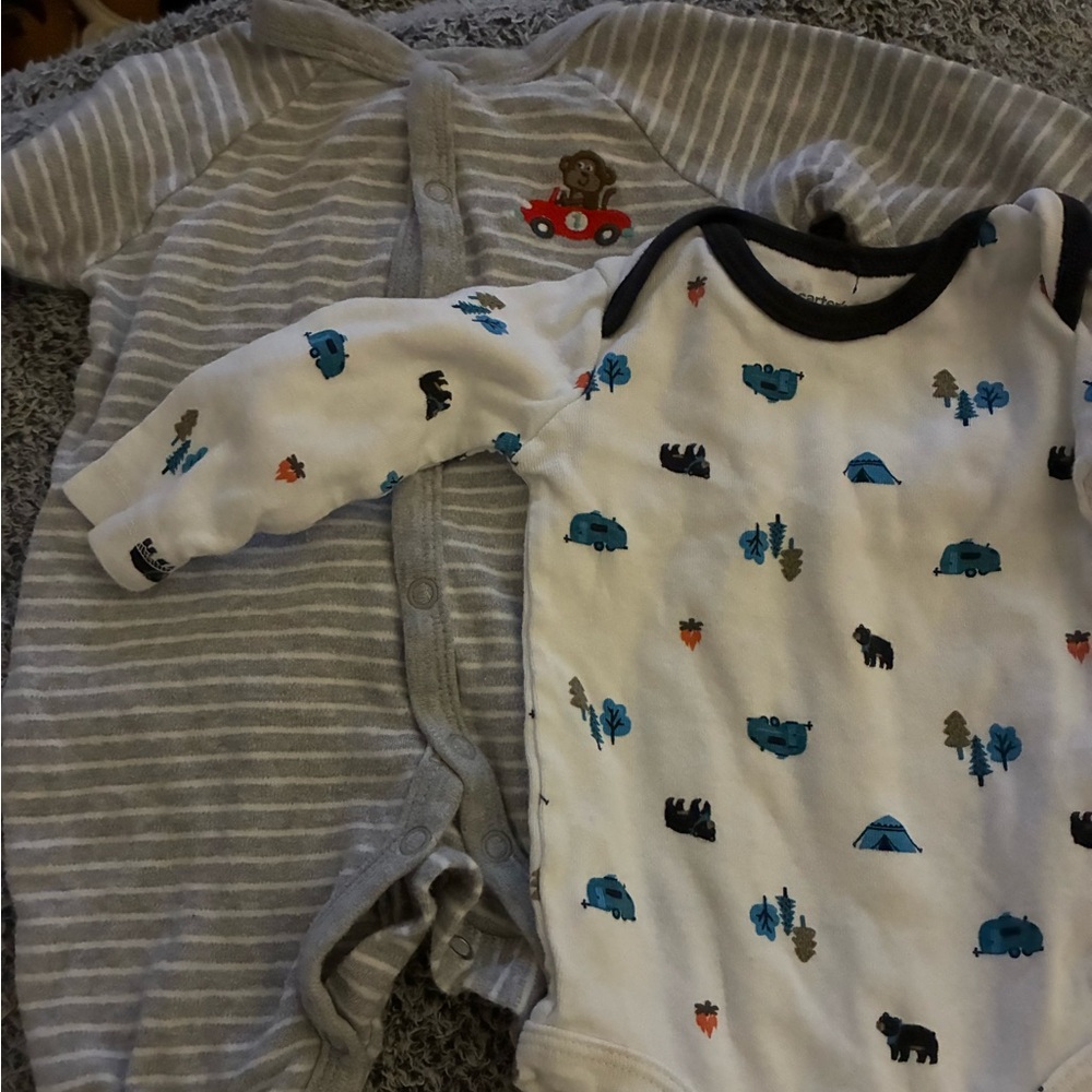 Carter's Gray Striped and White Printed Bodysuits
